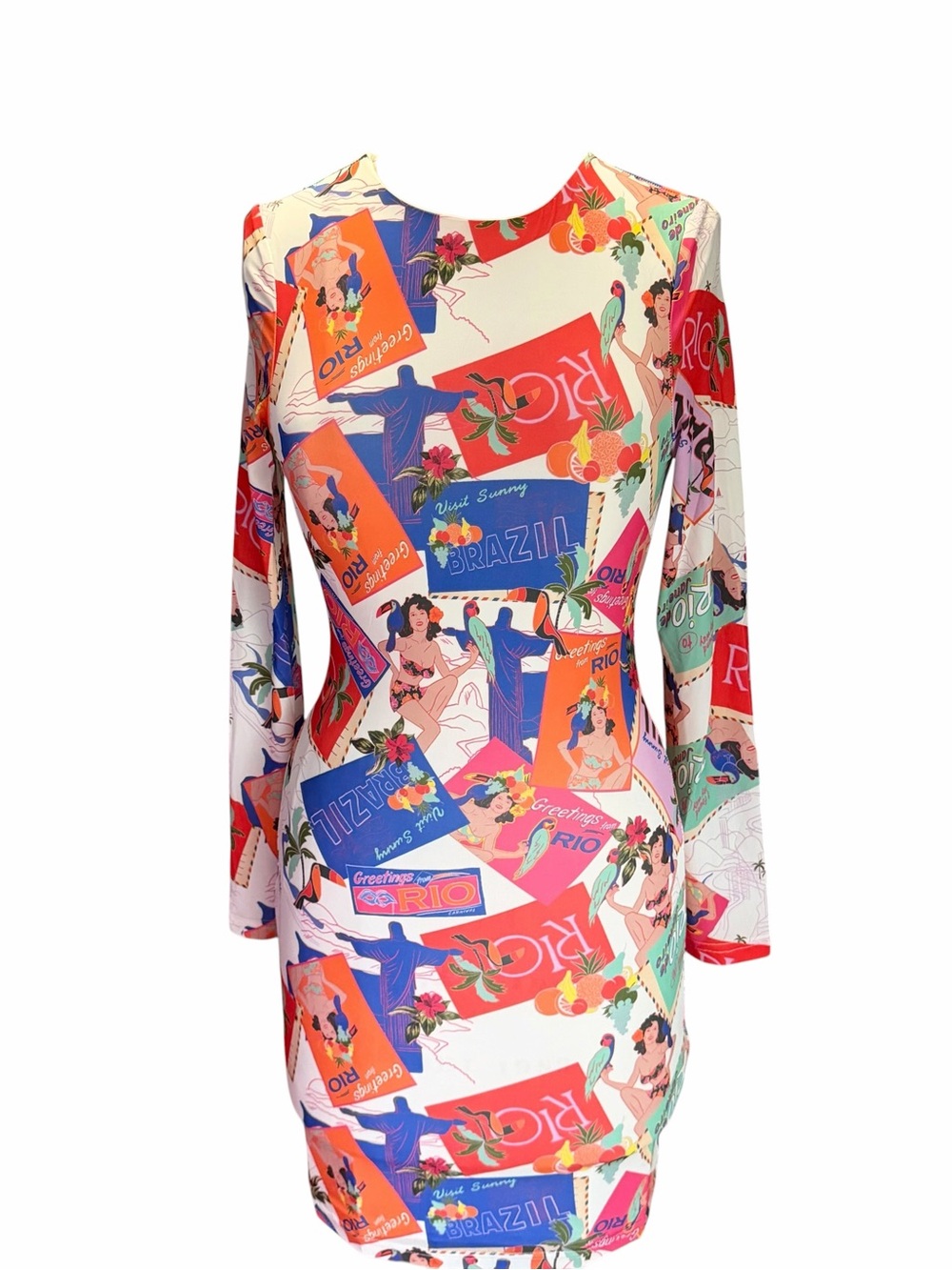 PepperMayo Brazil Print Long-Sleeve Bodycon Dress - Multicolor Size 2